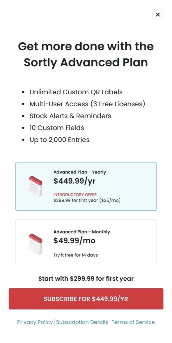 Sortly paywall screen