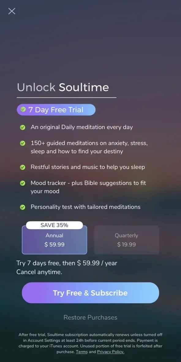 Soultime Christian Meditation paywall screen