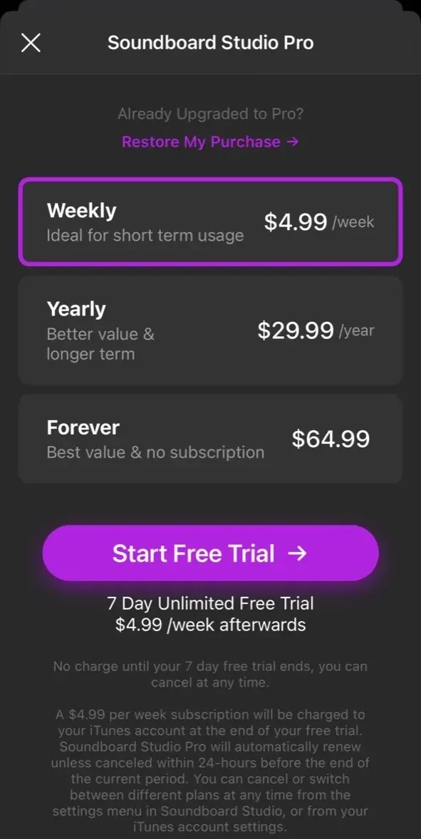Soundboard Studio paywall screen