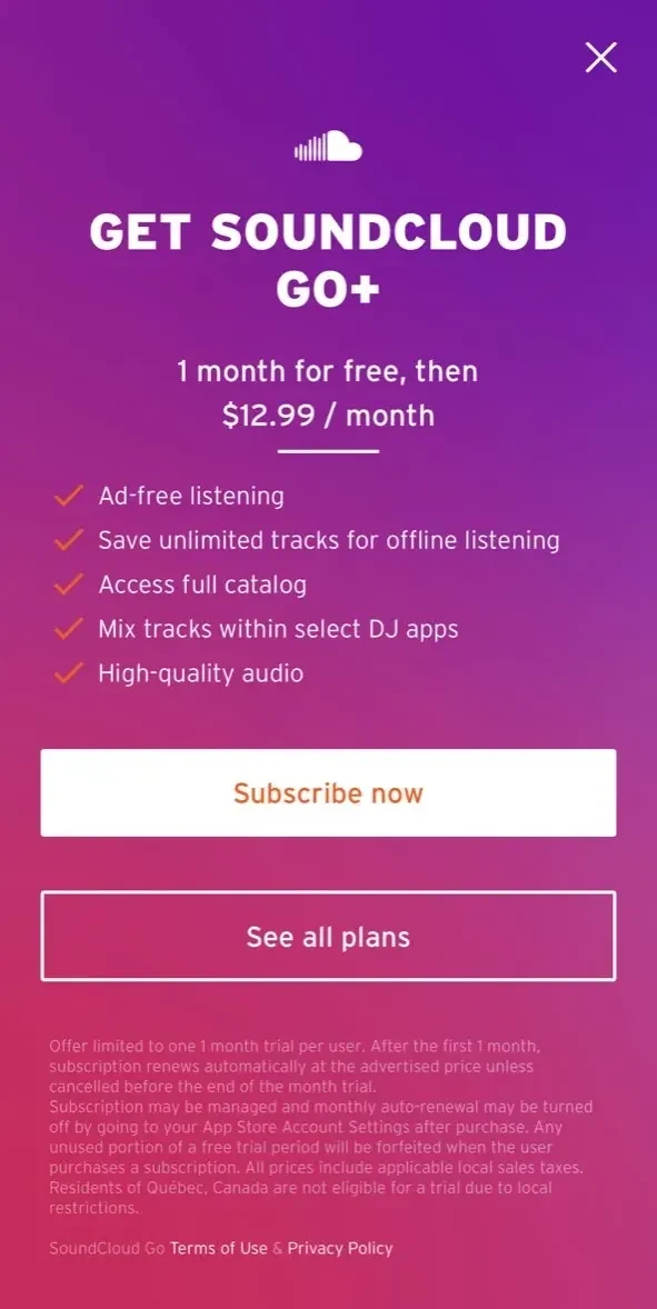 SoundCloud paywall screen