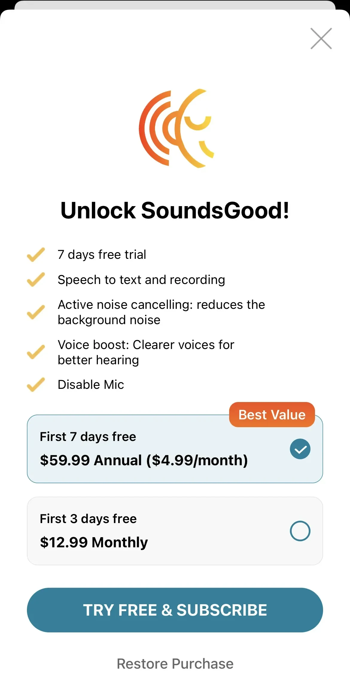 Sounds Good paywall screen