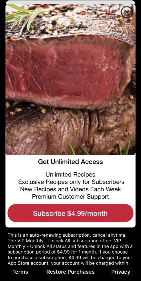 Sous Vide Recipes paywall screen