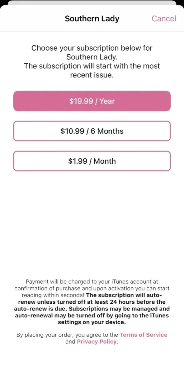 Southern Lady paywall screen