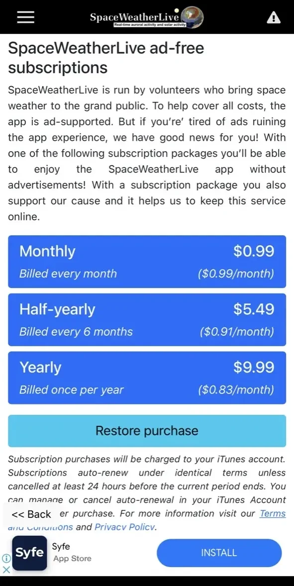 SpaceWeatherLive paywall screen