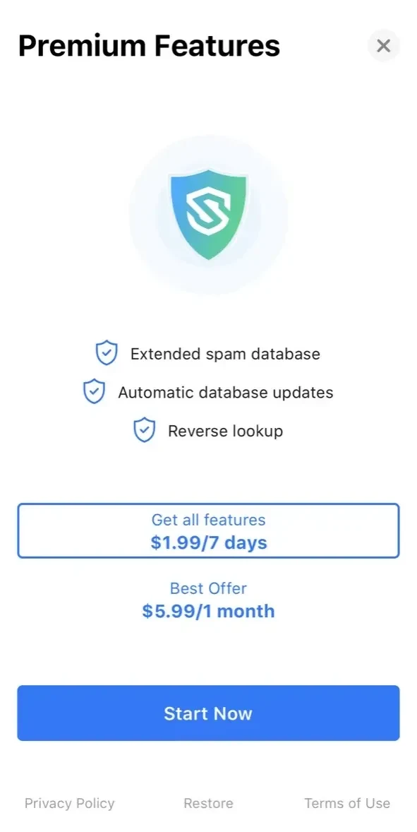 Spam Call Blocker Scam Shield paywall screen