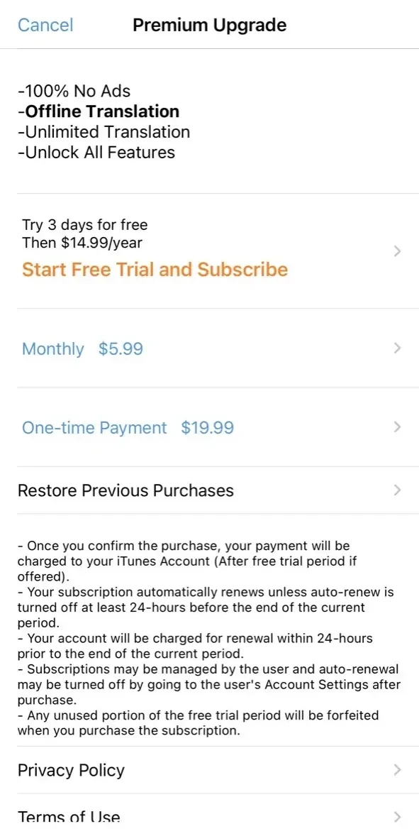Spanish Translator Offline paywall screen
