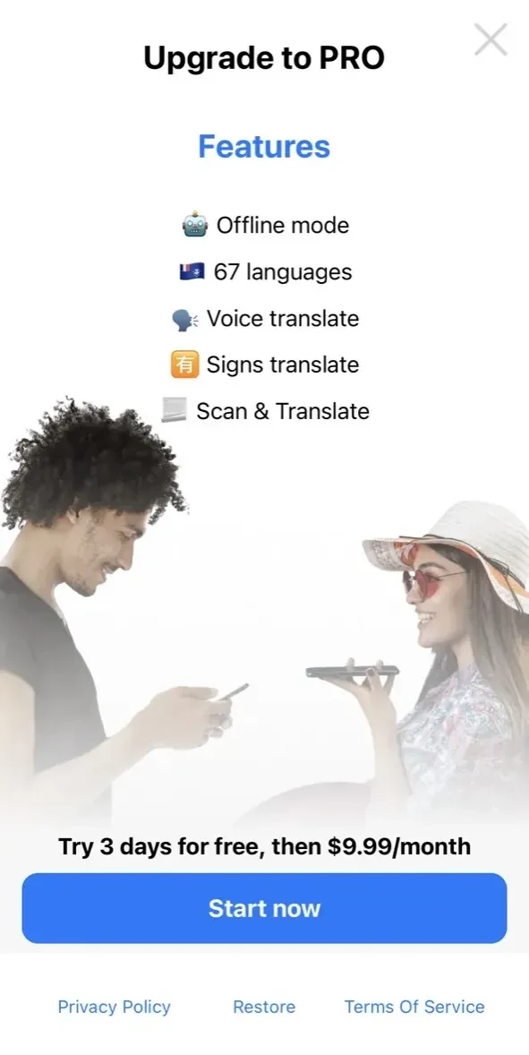 Spanish voice text translator paywall screen