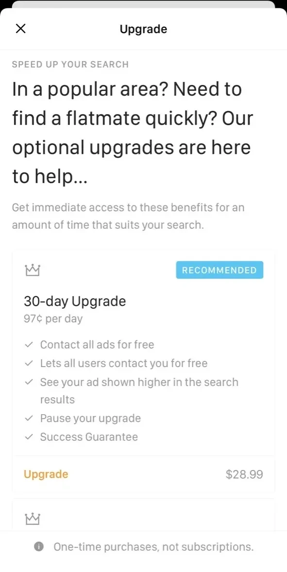 SpareRoom paywall screen