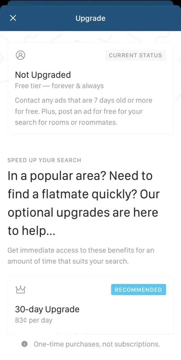 SpareRoom US paywall screen