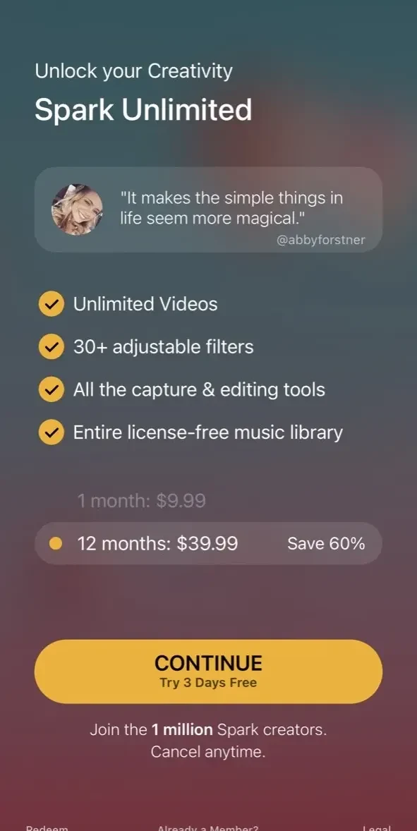 Spark Camera paywall screen