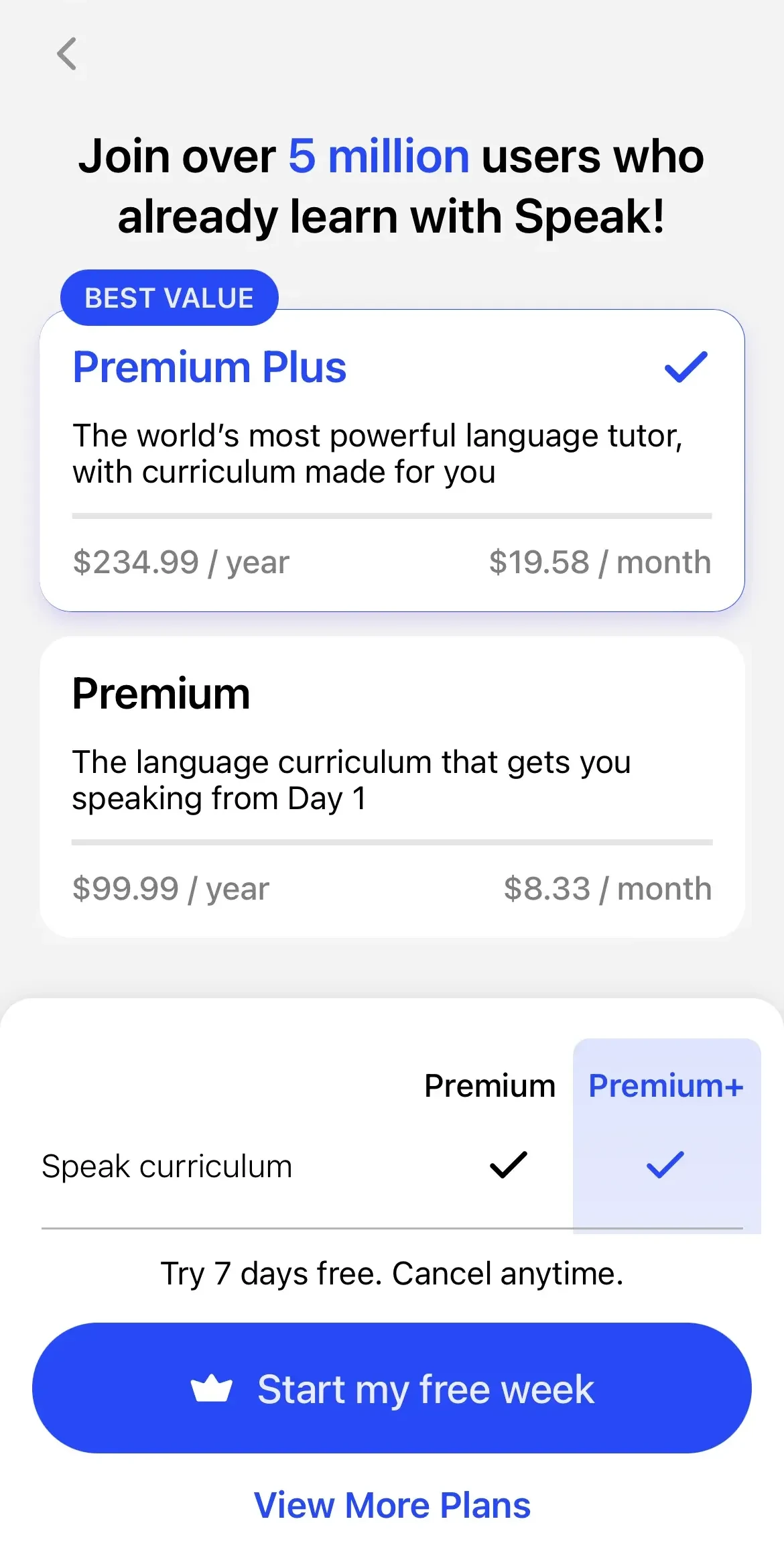 Speak paywall screen