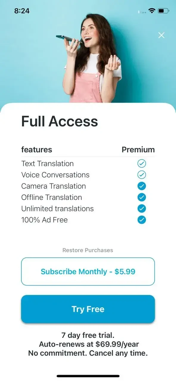 Speak & Translate paywall screen
