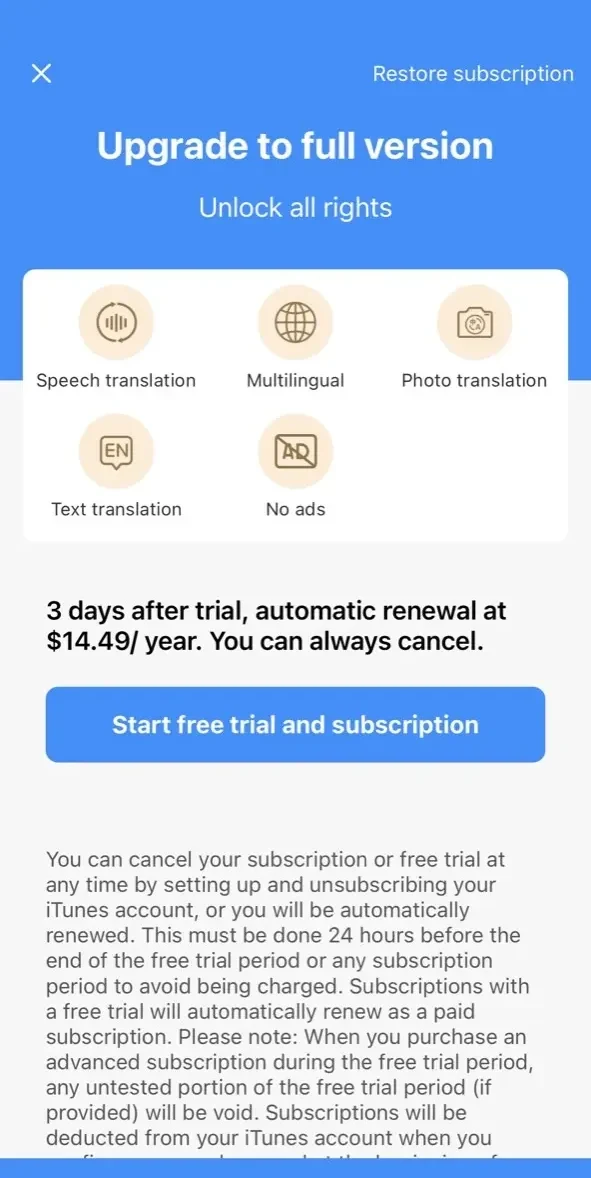 SpeakTranslator paywall screen