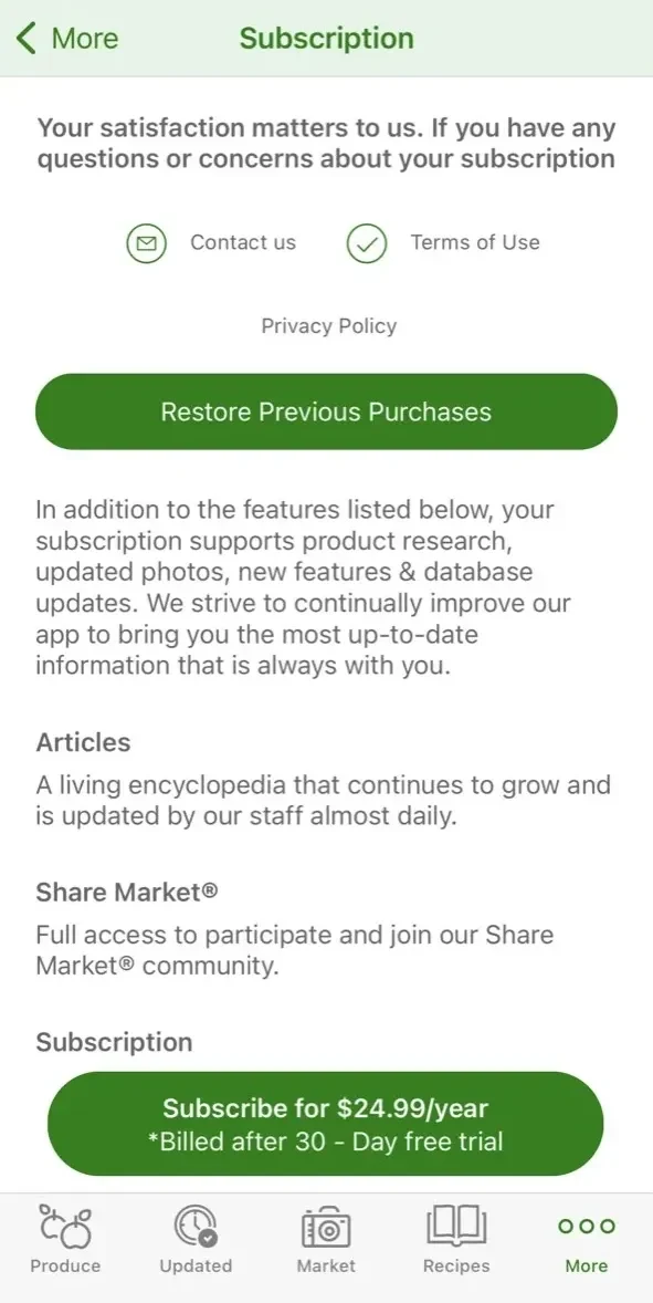 Specialty Produce paywall screen