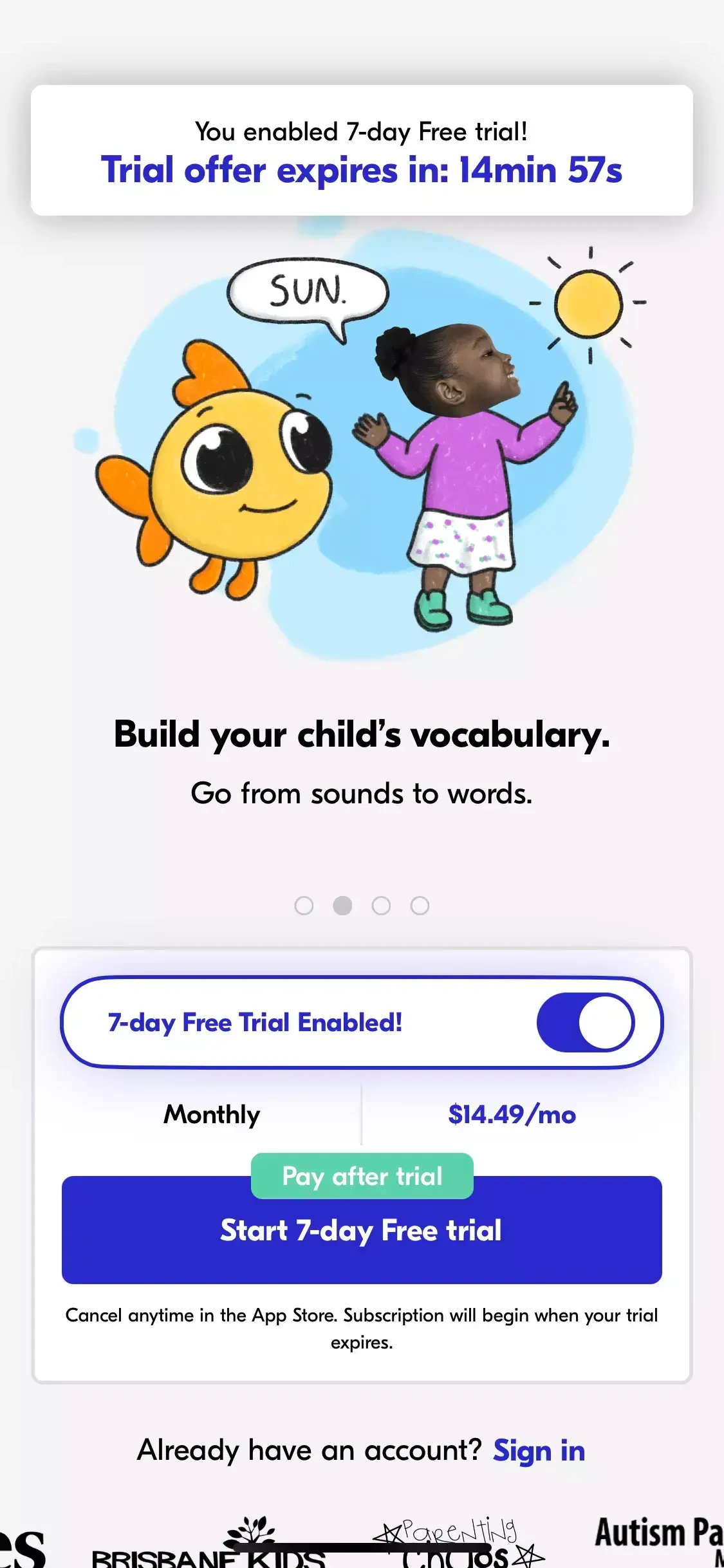 Speech Blubs paywall screen