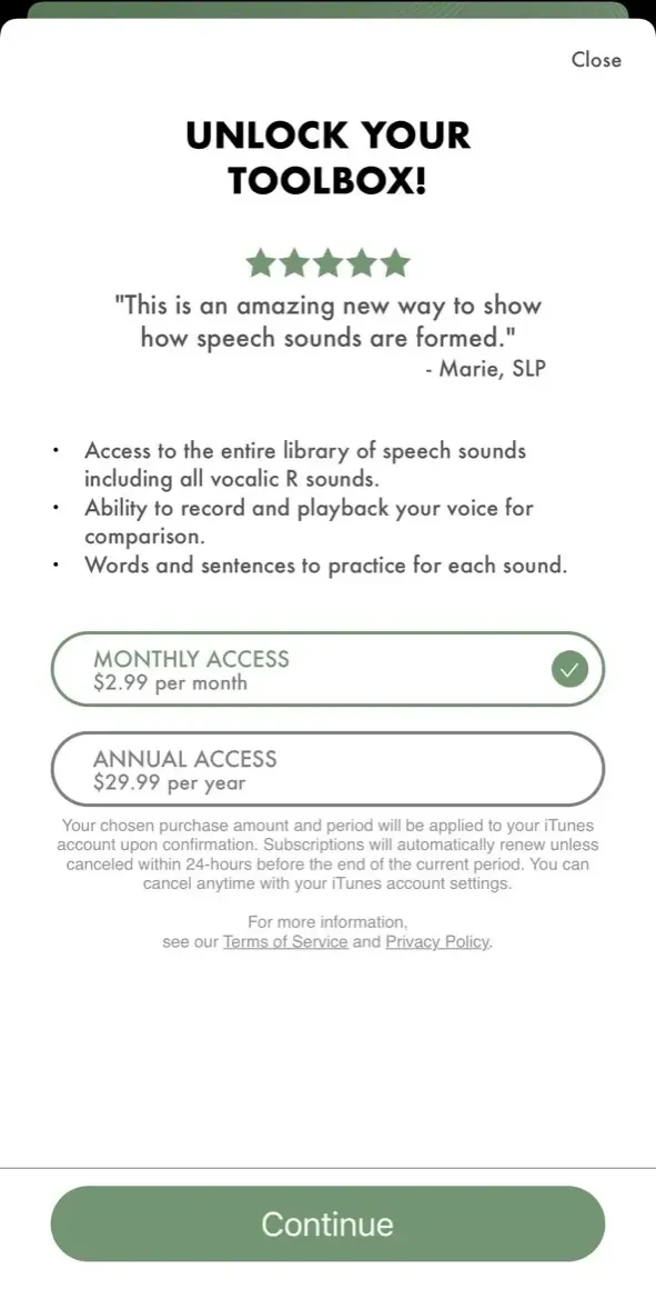 Speech Sounds Visualized paywall screen