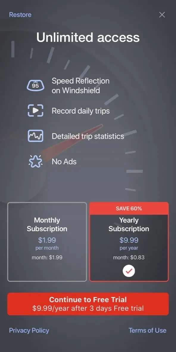 Speed Tracker paywall screen