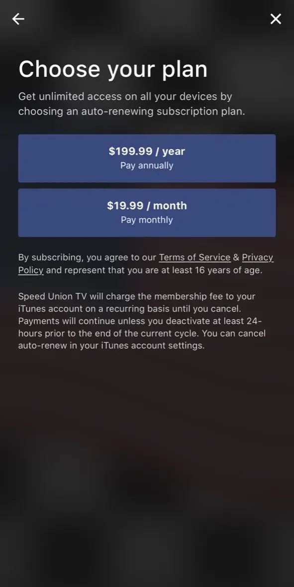 Speed Union TV paywall screen
