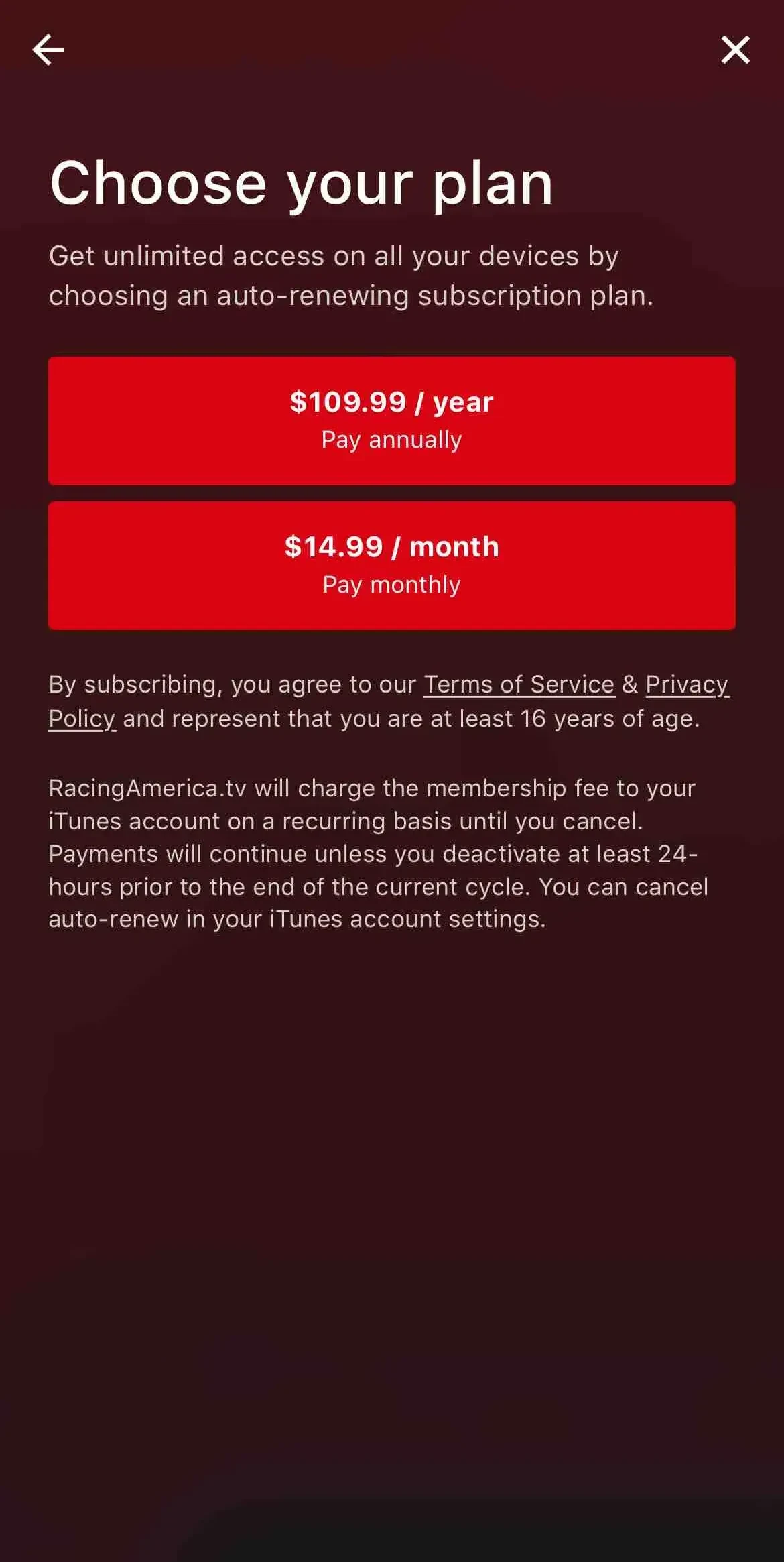 RacingAmerica.tv paywall screen