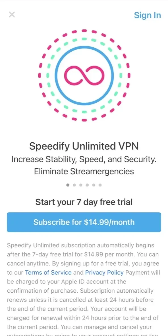 Speedify paywall screen