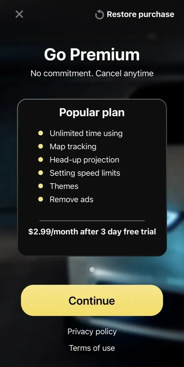 Speedometer 5G paywall screen