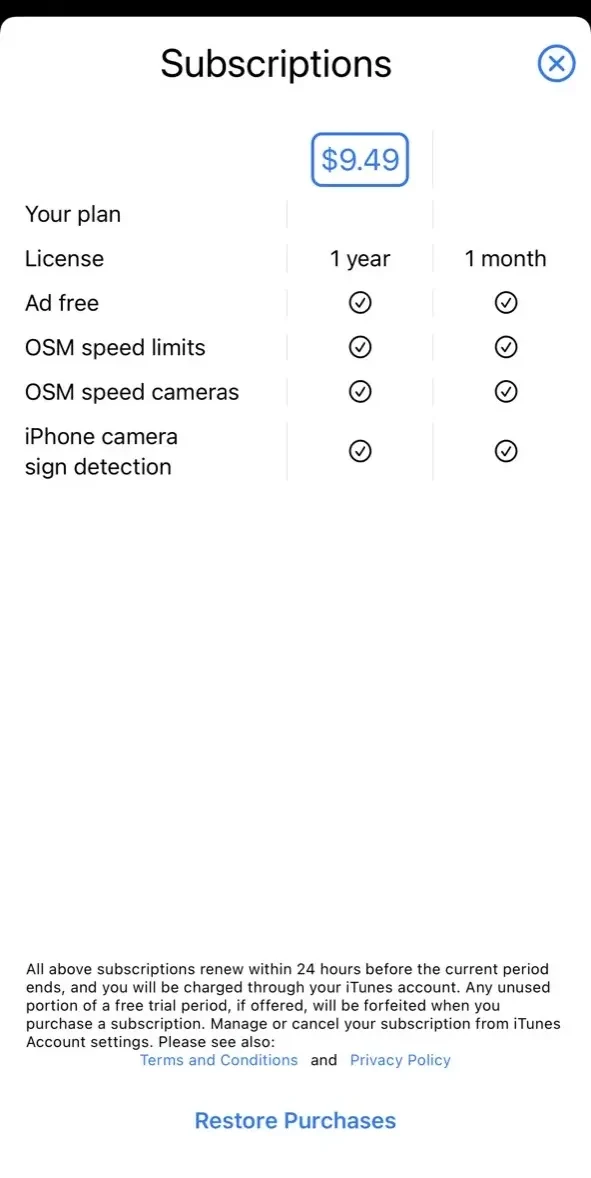 Speedometer Limit Camera paywall screen
