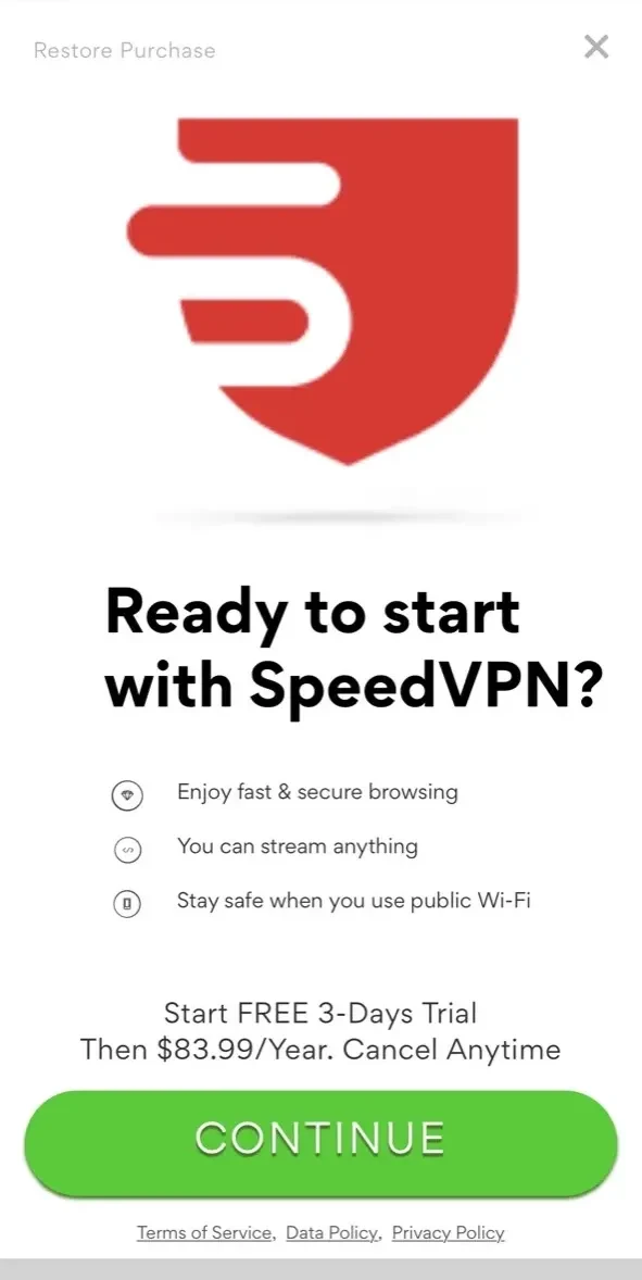 SpeedVPN paywall screen