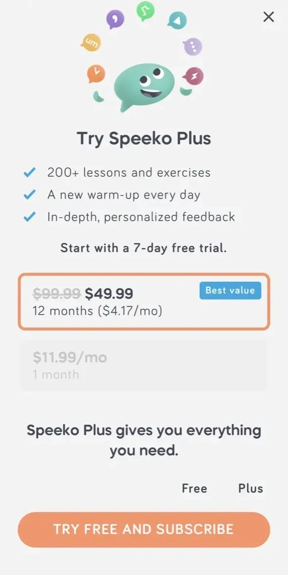 Speeko paywall screen