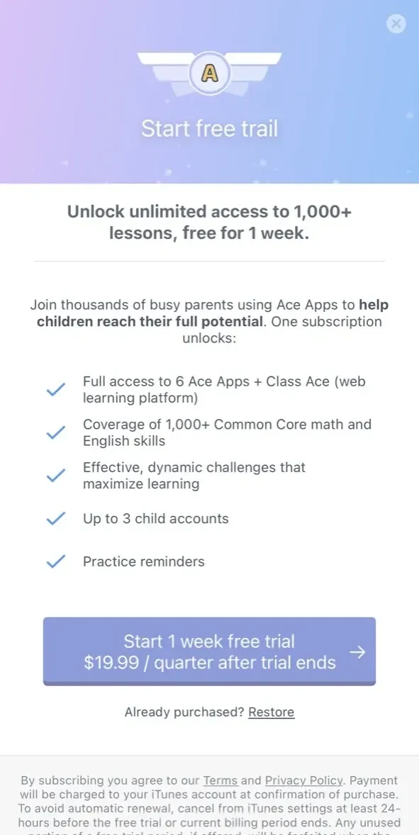 Spelling Ace 1st Grade paywall screen