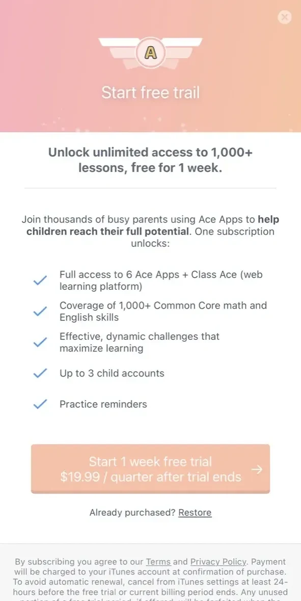 Spelling Ace 2nd Grade paywall screen