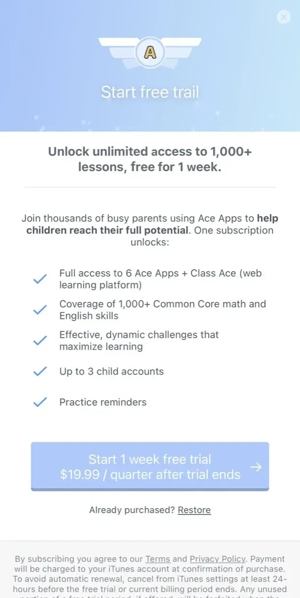 Spelling Ace 3rd Grade paywall screen