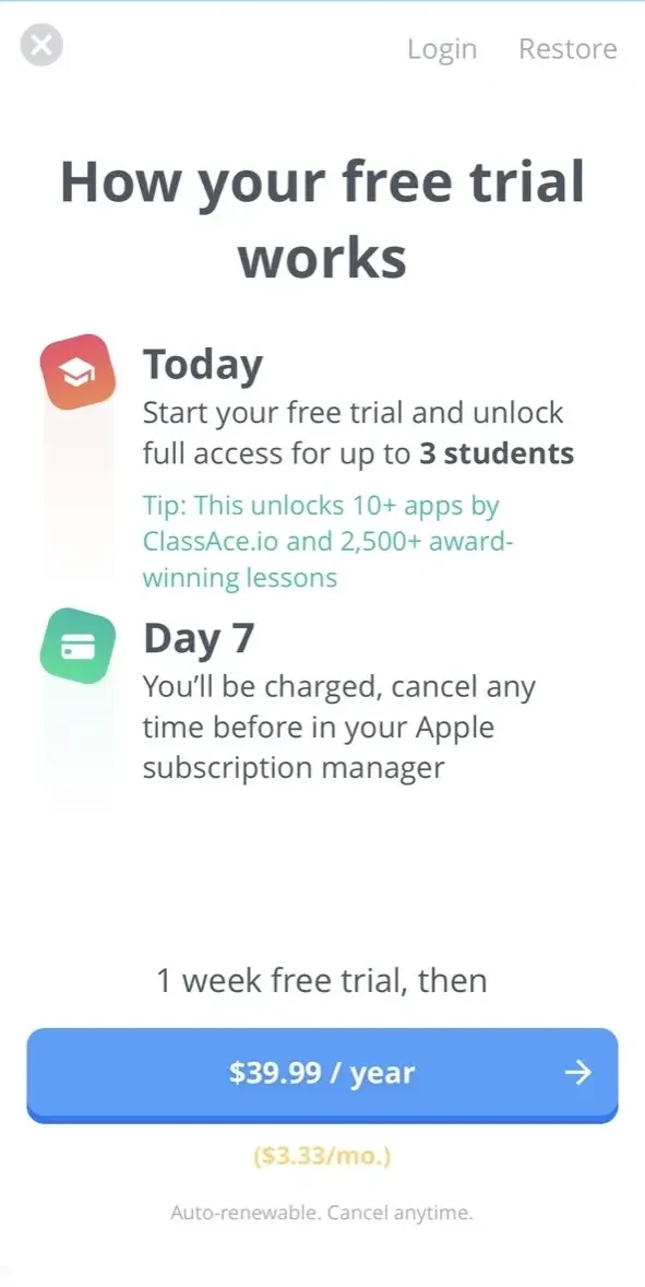Spelling Ace 4th Grade paywall screen