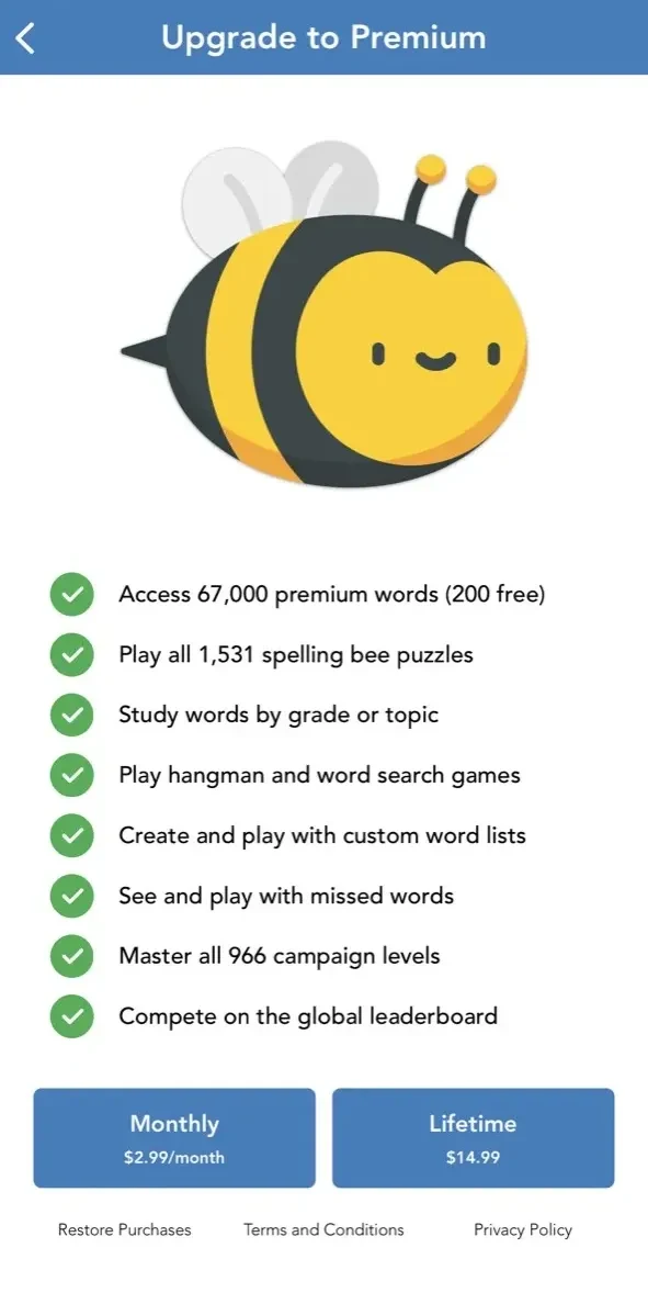 Spelling paywall screen