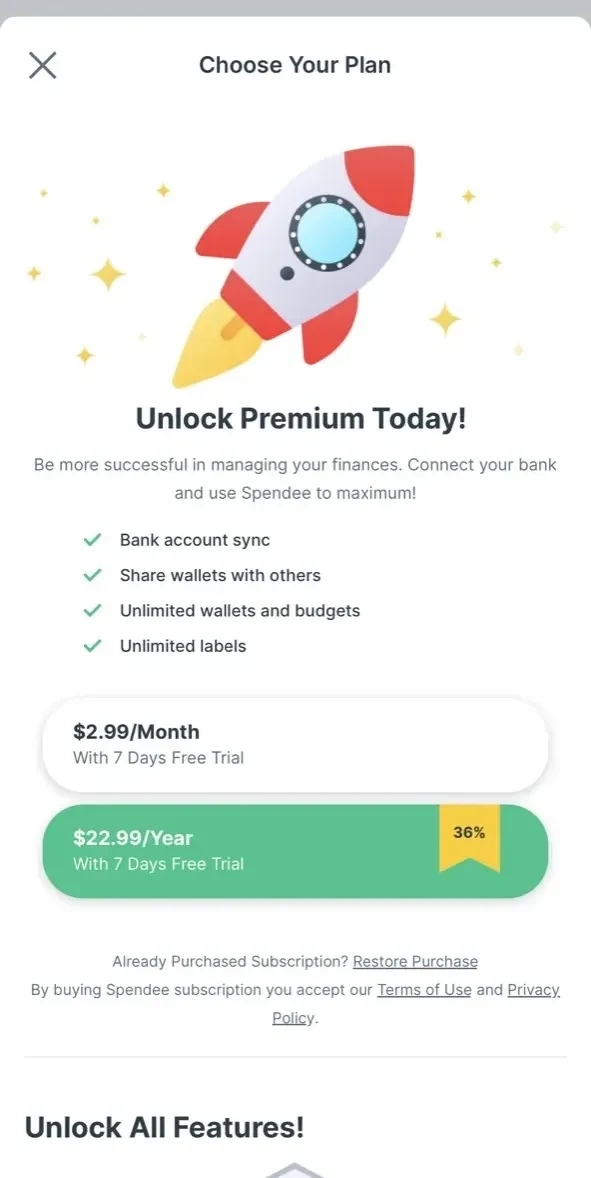 Spendee Money paywall screen
