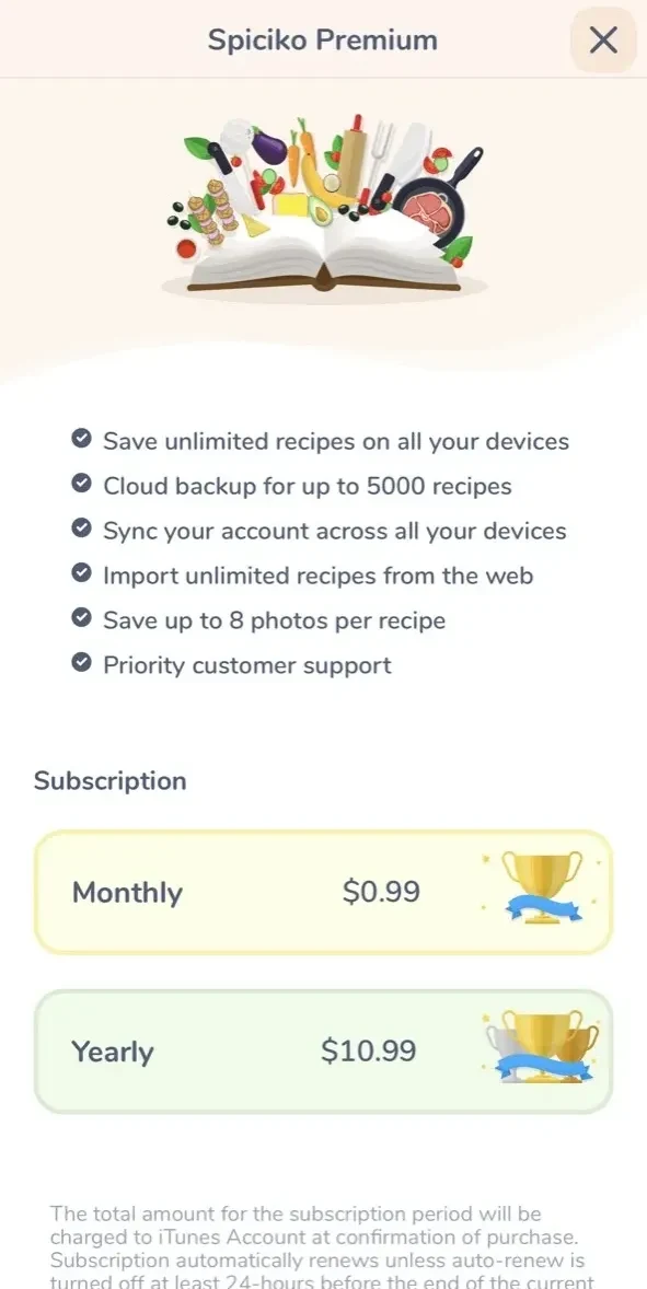 Spiciko Recipe Keeper paywall screen