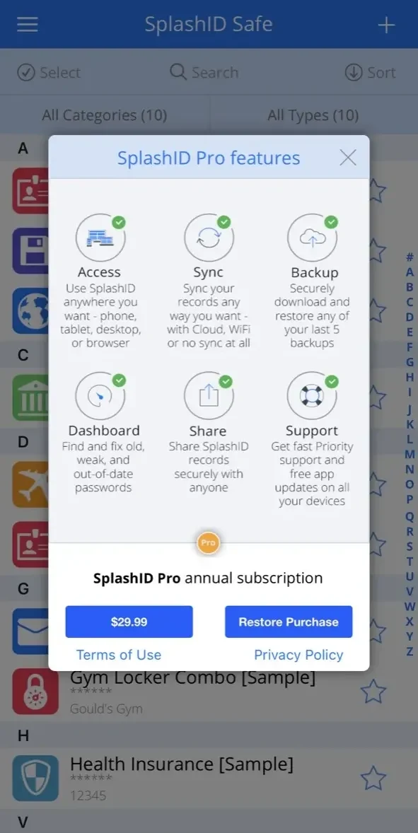 SplashID Safe Password Manager paywall screen