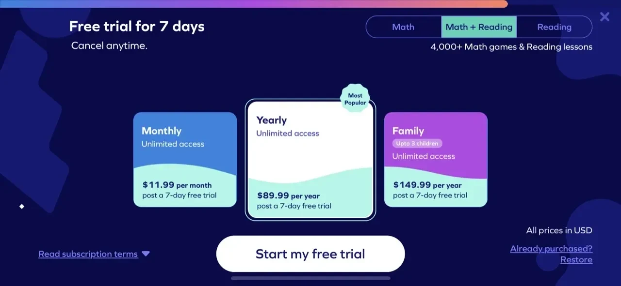 SplashLearn paywall screen