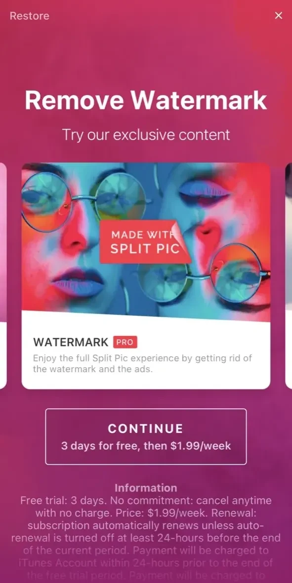 Split Pic Collage Maker Layout paywall screen