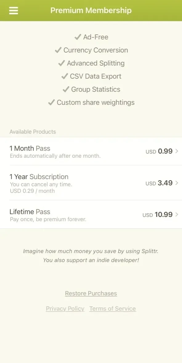 Splittr paywall screen