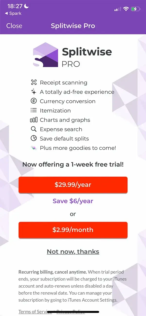 Splitwise paywall screen