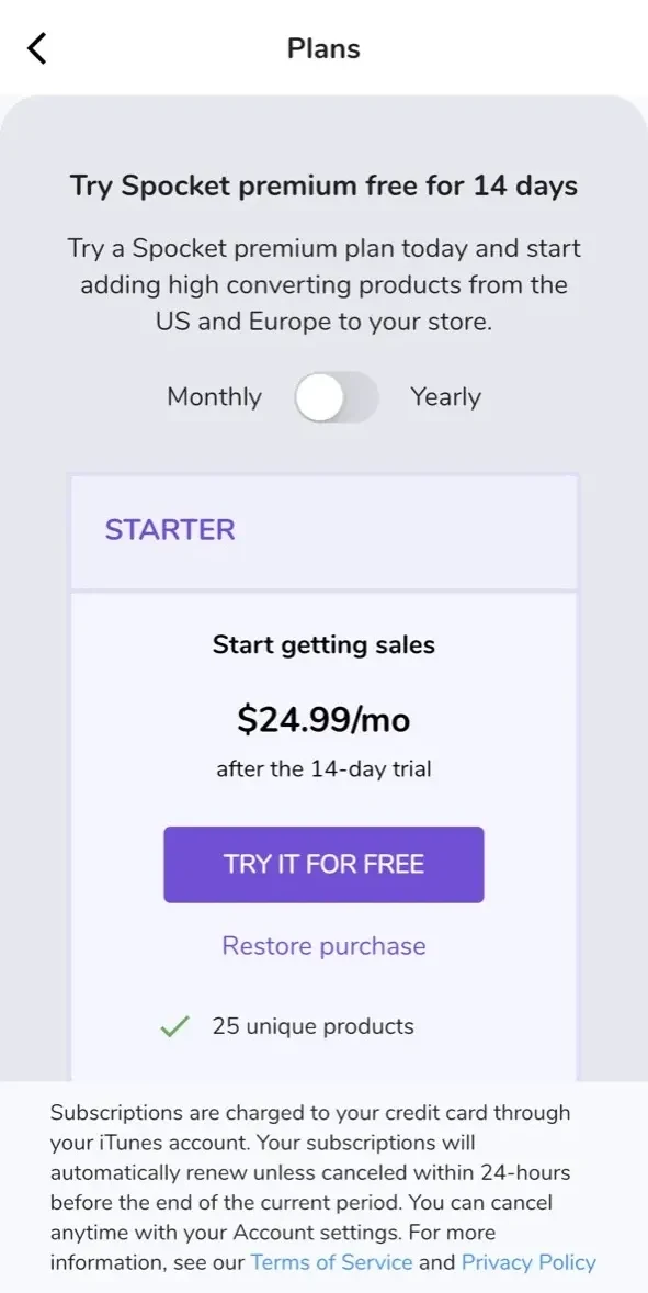 Spocket paywall screen
