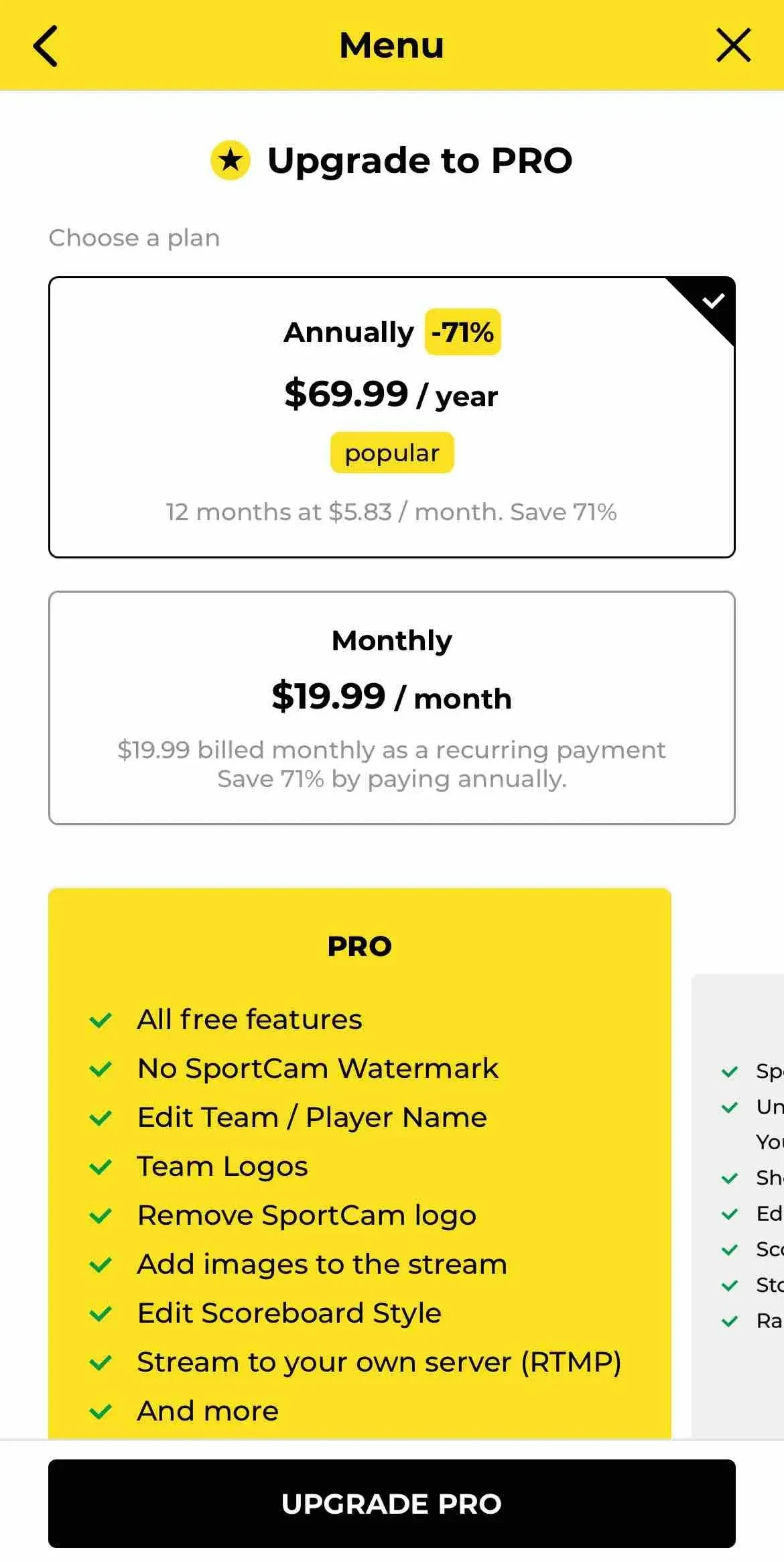 SportCam paywall screen