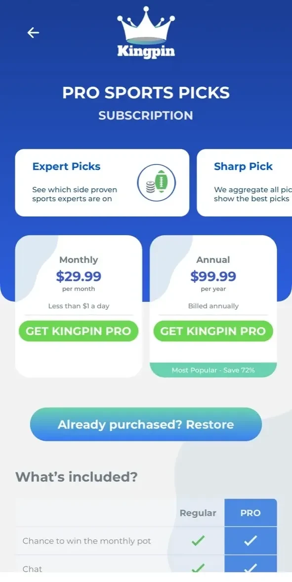 Kingpin Sports Betting Picks paywall screen
