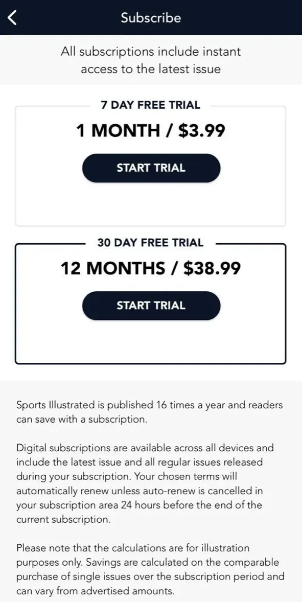 Sports Illustrated Magazine paywall screen