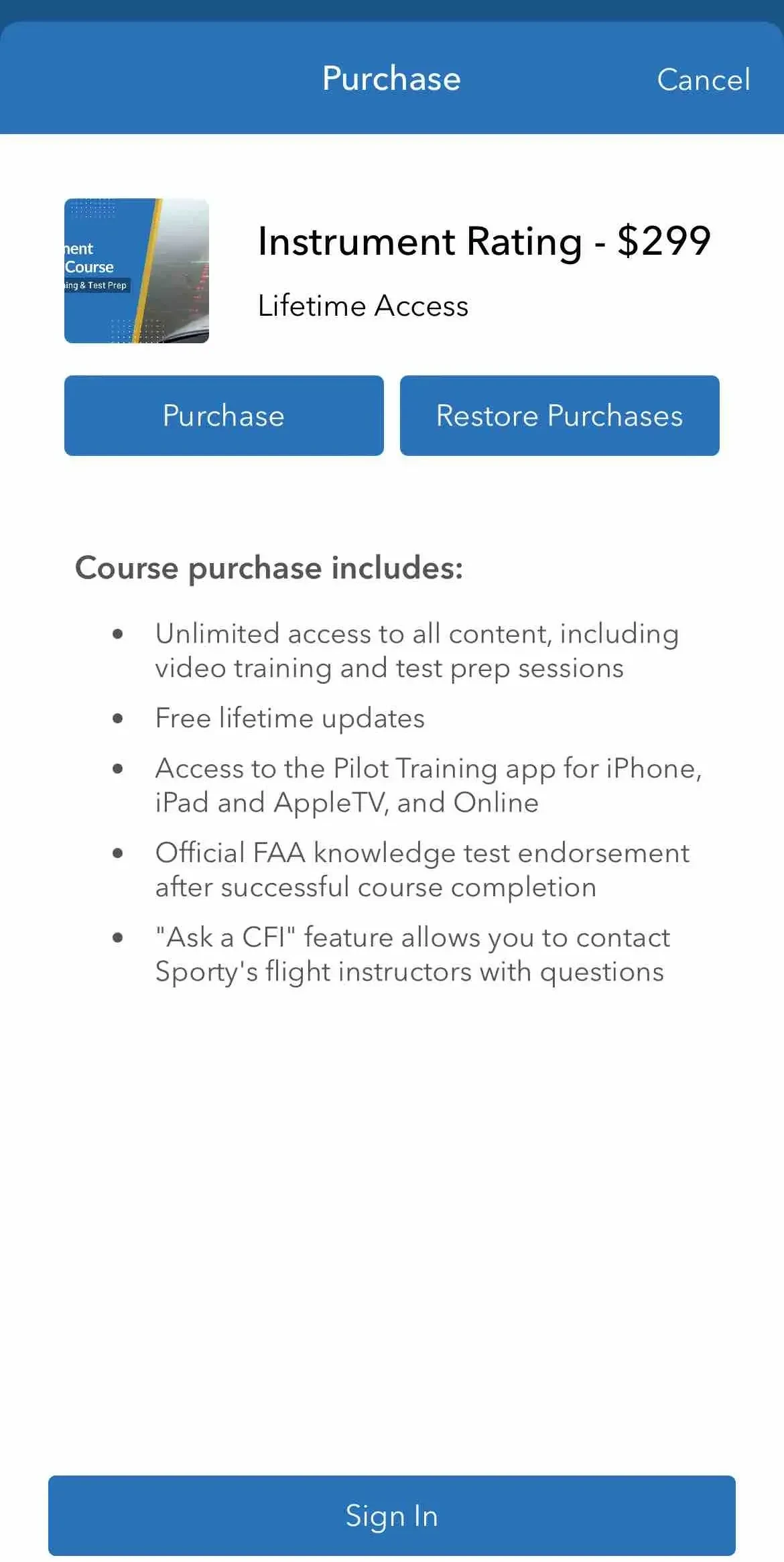 Sporty's Pilot Training paywall screen