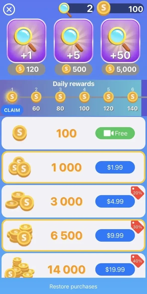 Spot 5 Differences paywall screen