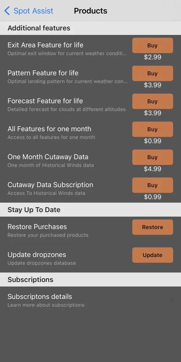 Spot Assist Skydiving Tool paywall screen