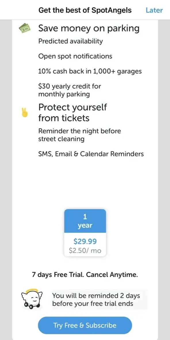 SpotAngels Parking paywall screen