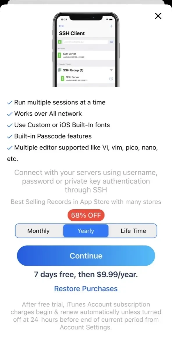 SSH Client paywall screen