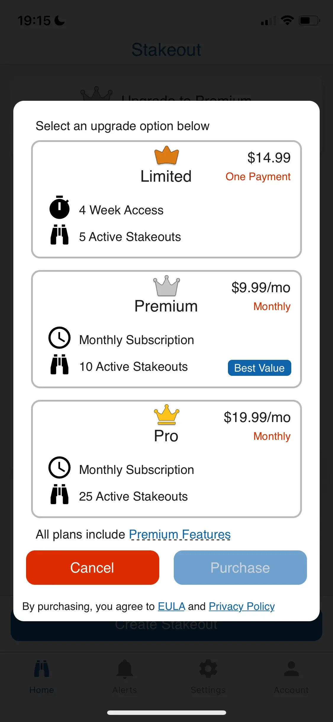 Stakeout paywall screen